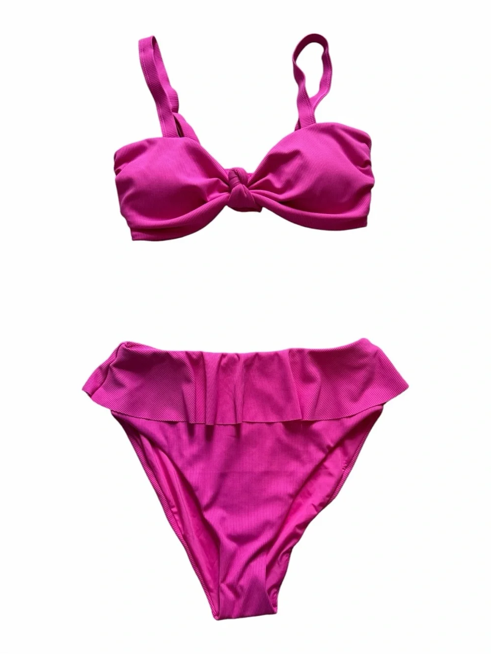 Ribbed Hot Pink Ruffled Two-Piece Swim Bikini Set